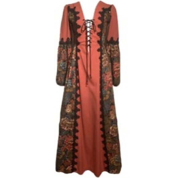 RARE 1969 Gunne Sax Jessica McC Maxi Dress VTG Boho Prairie Tapestry Corset Gown - Picture 3 of 15